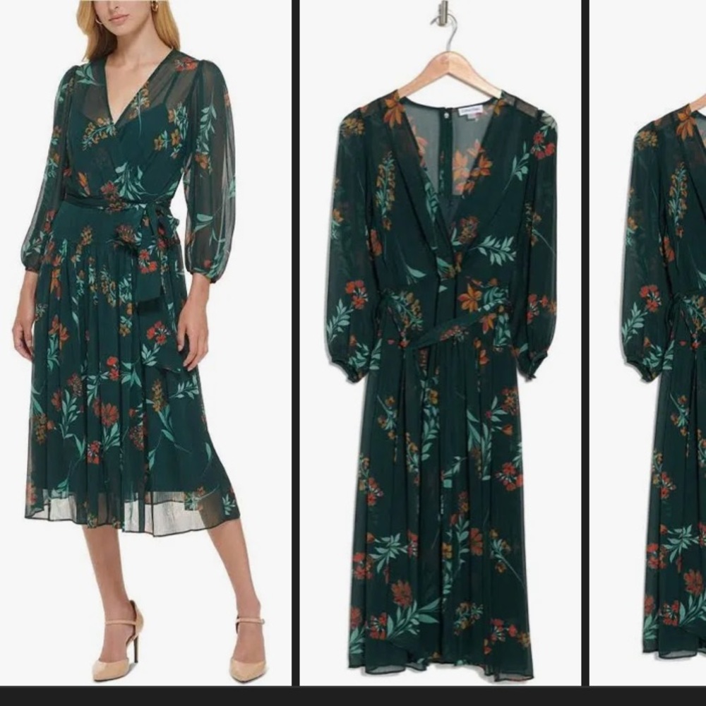 CALVIN KLEIN NWT MALACHITE PRINT BELTED SHEER faux wrap LINED MIDI DRESS SIZE 12